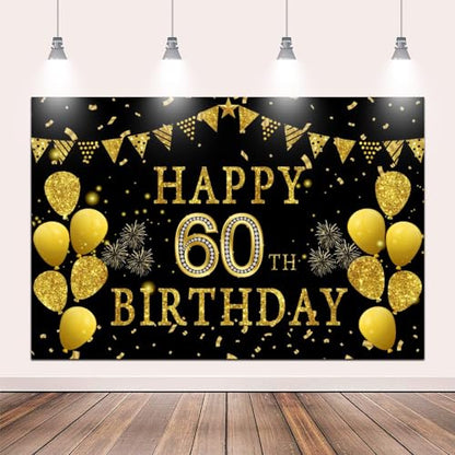 8x6ft Happy 60th Birthday Party Photography Backdrop, Glitter Black and Gold Balloons Background for Woman Man Fabulous 60 Bday Shining Diamond Sixty Years Old Birthday Party Supplies - color: 60th, size: 8x6ft