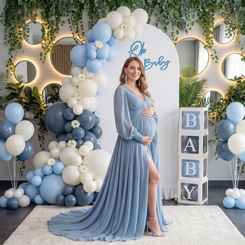 6.6FT Metal Arch Backdrop Stand and Cover Set, Blue Balloon Arch Kit, 153 Pcs Balloons, 4 Baby Shower Box, Letter Stickers, Clips for Baby Shower, Gender Reveal, Birthday, Wedding Decor