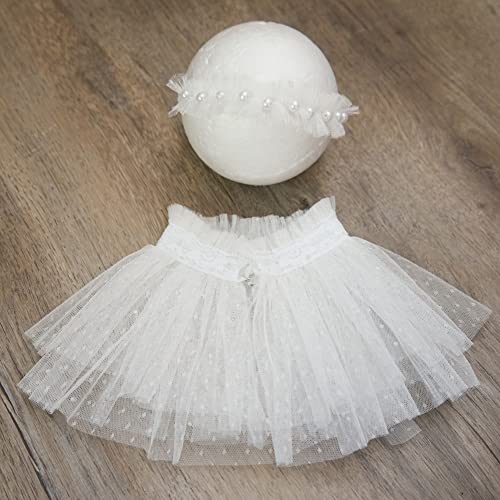 Newborn Baby Photography Props Outfits Girl Lace-Tulle Skirt Baby Girls Photo Prop Headdress for Newborn Girl Photoshoot - color: White