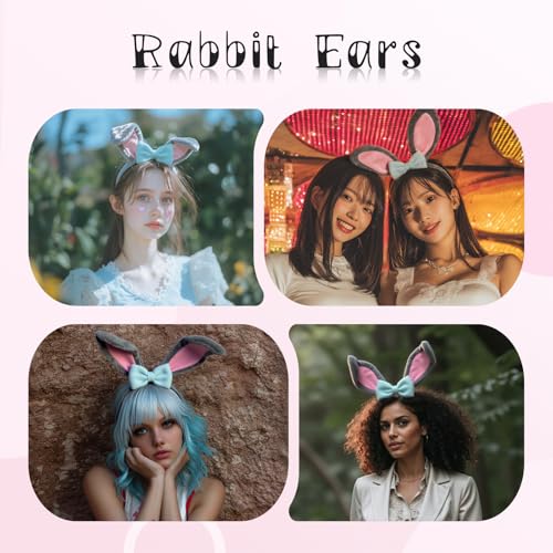 Gray Bunny Ears Headband with Purple Bow, Soft Plush Rabbit Ear Hairband, Easter Theme Party Accessory for Adults