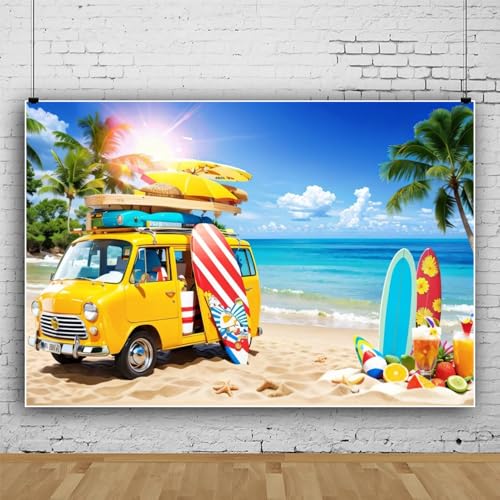 10x6.5ft Summer Ocean Beach Backdrop Tropical Palm Tree Vintage Car Surfboard Hawaiian Island Surfing Photography Background Luau Party Birthday Party Banner Photo Studio Props - color: Yellow, size: 10x6.5ft