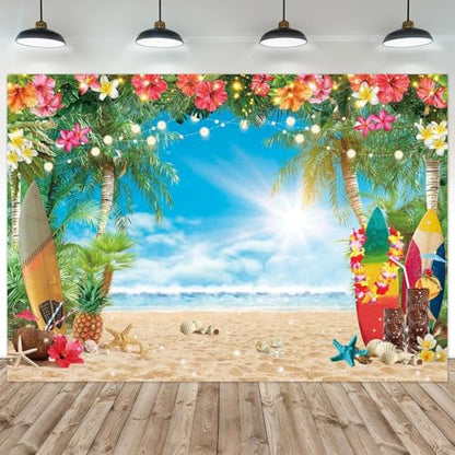 12x8FT Polyester Fabric Summer Beach Hawaiian Backdrop Seaside Tropical Flower Palm Leaves Surfboard Photography Background for Luau Aloha Party Decoration Banner Picture Photo Booth - size: 12'x8'