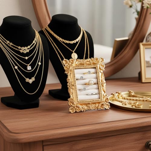 Vintage Ring Holder Rectangle Gold Jewelry Display Stand, Earring Display Tray Jewelry Organizer Photography Prop for Birthday Engagement Wedding Decoration