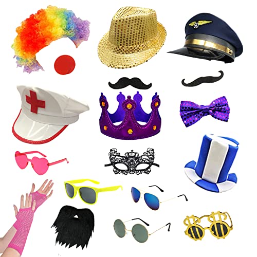 18 Pcs Funny Photo Booth Props for Adults - Assorted Dress Up Costume Hats and Fun Sunglasses - Fun Photo Booth Props Kits for Wedding, Bachelorette, Graduation, Birthday Party Supplies