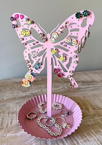 Top Brass Butterfly Earring Holder Organizer Metal Standing Jewelry Tree Display with Ring Tray (Pink) - color: Pink