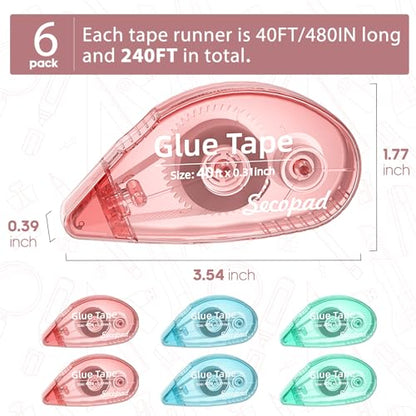 Secopad 1.5X Longer Scrapbook Tape, 6 Pack Double Sided Tape Roller for Crafts, Adhesive Glue Runner for School Office Teacher Journal Supplies, Glue Roller for Kids and Adults, 240FT Total