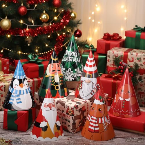 24 Pcs Christmas Party Hats Paper Xmas Tree Reindeer Santa Snowman Elf Cone Hat Christmas Photo Props Party Favors - style: Cute Style