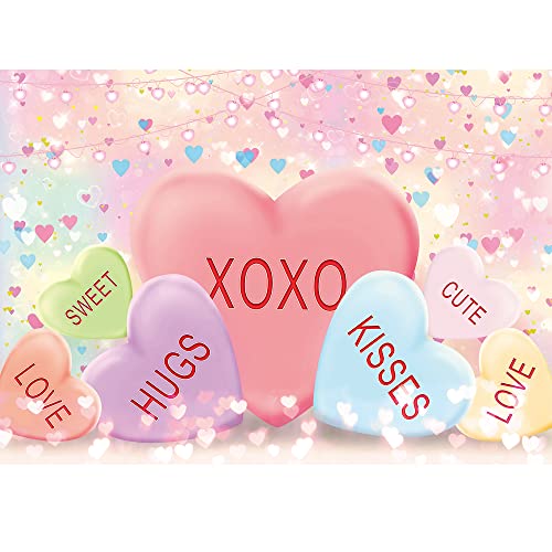 7x5ft Valentine's Day Backdrop Sweethearts Candy Conversation Hearts Photography Background for Baby Shower Kids Family Valentine's Day Party Photo Studio Props
