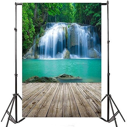 AOFOTO 5x7ft Waterfall Photography Backdrop Nature Landscape Falls Cascades Jungle Mountain Forest River Stream Lake Wooden Board Floor Background Adult Girl Boy Travel Portrait Photo Studio Props - size: 5x7ft
