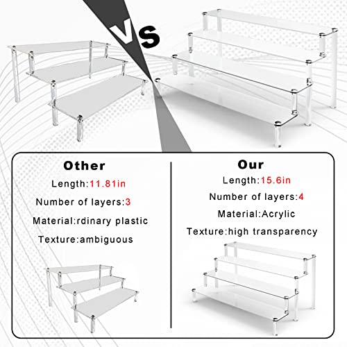 KALYLOC 2Pcs Acrylic Riser Shelf Display Stand, 4 Tier Clear Display Shelf Action Figures Holder, Collectibles Shelf for Toys Cupcakes Dessert Jewels Figurines(15.7x10.5x7.5inch)