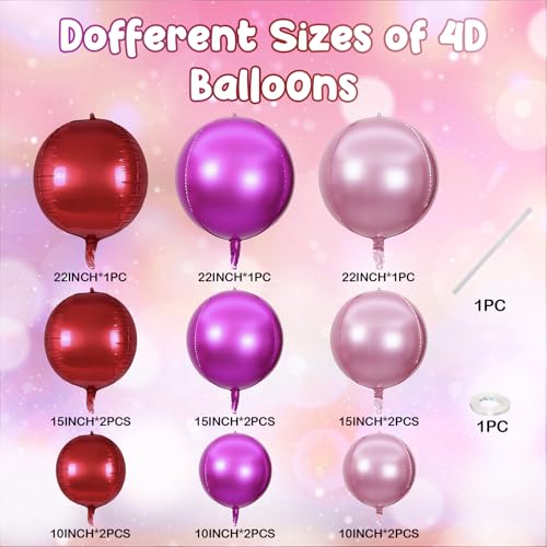 HILAVO 15PCS Red Pink Round Foil Balloons, 22" 15" 10" Large 4D Ball Balloons Red Hot Pearl Pink Mirror Sphere Balloon for Valentines Day Wedding Women Girls Birthday Party Ceiling Decorations - color: Red Pink Ball