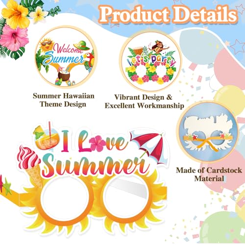 Konsait 18 Pack Luau Beach Pool Summer Paper Glasses for Adults, Hawaiian Aloha Party Favors, Accessories & Photo Props