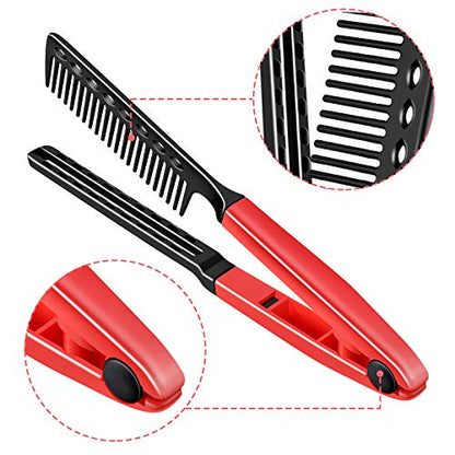 2 Pieces Flat Straightening Comb Salon Hair Brush Comb Hairdressing Styling Straightener V-shaped Straight Straightener(Red, Black) - color: Red, Black