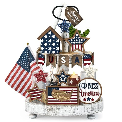 FoldTier 18 Pcs 4th of July Tiered Tray Decor Set Rustic Patriotic Independence Day Decoration Glow Vintage Farmhouse 4th of July Tiered Tray Sign Wooden Red White Blue Decor for Table(Rustic) - style: Rustic