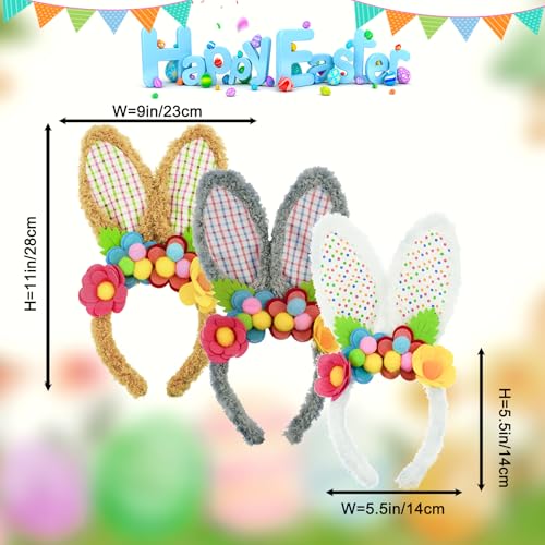 3 Pack Luxurious Easter Bunny Ears Headband Cute Plush Rabbit Ears for Kids Adult Cosplay Birthday Party Supplies - color: 3pcs Headband With Flowers-3