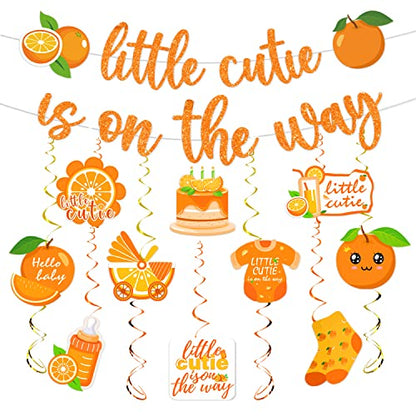 Little Cutie Baby Shower Decorations - 16pcs Orange Party Decorations 2pcs Glitter Baby Shower Banners 14pcs Orange Hanging Swirls Little Cute is on the Way Birthday Party Decor Supplies - style: Little Cutie