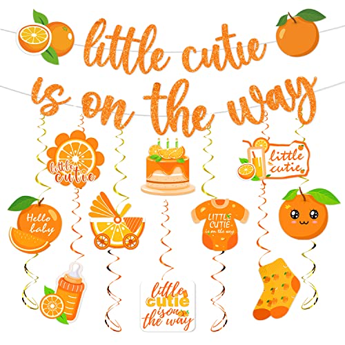 Little Cutie Baby Shower Decorations - 16pcs Orange Party Decorations 2pcs Glitter Baby Shower Banners 14pcs Orange Hanging Swirls Little Cute is on the Way Birthday Party Decor Supplies - style: Little Cutie