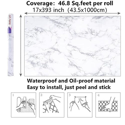 Arthome White Marble Contact Paper - Peel and Stick Wallpaper - Self-Adhesive & Removable Wall Paper for Furniture Desk, Kitchen Countertop, Cabinet, Shelf Liner, Wallcovering, (17"x393") - color: White Marble, size: 17" x 393"