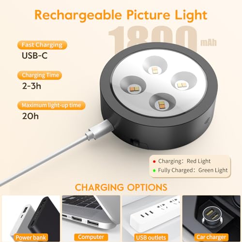 Brightown 3-Pack Picture Lights for Wall,Rechargeable Battery Operated Painting Light Magnetic Art Display Light with Remote, Puck Lights, Dimmable & Timer Art Lighting for Paintings Wireless,Black - size: 3PACK