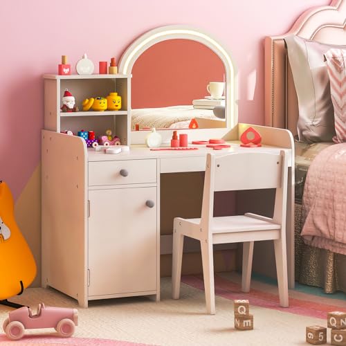 Costzon Kids Vanity with Lights, 2 in 1 Princess Makeup Desk & Chair Set with Lighted Mirror, Drawer, Storage Shelves & Cabinet, Toddler Dressing Table, Vanity Set for Little Girls, White - style: White with Cabinet