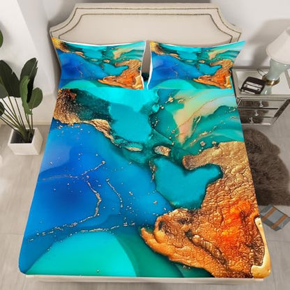Feelyou Turquoise Teal Blue Gold Marble Bed Sheets Set Teal Abstract Textured Fitted Sheet for Kids Boys Girls Golden Streaks Bedding Set Marble Aesthetic Bed Cover Full Size with 2 Pillow Case - color: Multi 14, size: Full