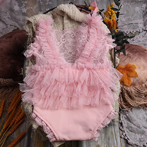 Baby Photography Props Outfit Lace Rompers Newborn Girl Photo Shoot Outfits Flower Headband Princess Costume - color: Pink B