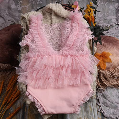 Baby Photography Props Outfit Lace Rompers Newborn Girl Photo Shoot Outfits Flower Headband Princess Costume - color: Pink B