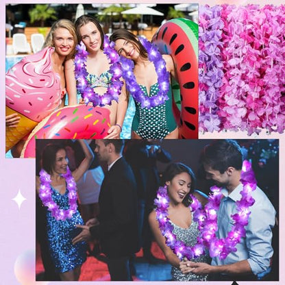 Sherr 24 Pcs LED Light Pink Purple Leis Light up Wedding Hawaiian Leis Flower Necklace with LED Lights Beach Tropical Carnival Party Wedding Supplies Luau for Masquerade - color: Multi Purple
