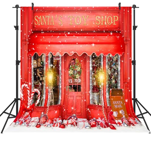 10x10FT Red Christmas Photo Backdrop Santa's Toy Shop Candy Cane in Snow World Xmas Family Holiday Party Banner Photography Background Supplies Decor Studio Prop - size: 10x10Ft