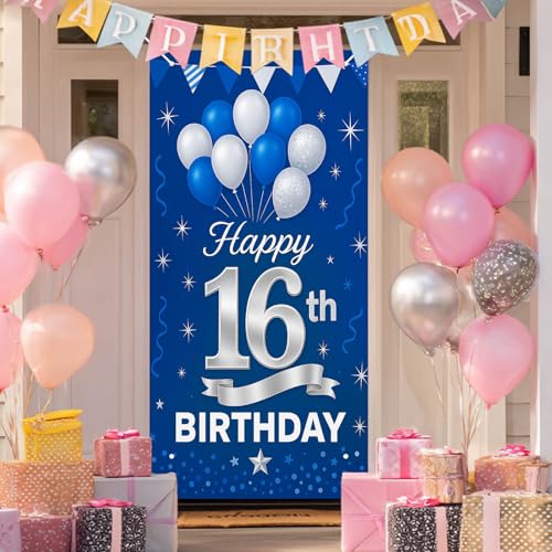 HOMETITUTE 16th Birthday Door Cover 71x35 Inch Blue and Silver Birthday Banner for Party Decorations Balloon Ribbon Backdrop Sign for Boys Girls Teens Photo Booth Prop Wall Decor - color: Blue and White Balloons 16