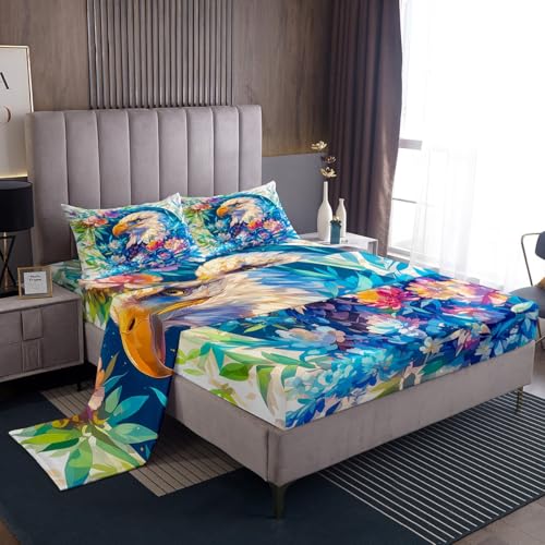 Feelyou Owl Bed Sheets Set Queen Size 3D Animal Printed Bedding Set for Kids Boys Girls Bird Decor Sheets with Deep Pocket Fitted Sheet Flowers and Plants Bedding Set - color: Acid Blue, size: Queen