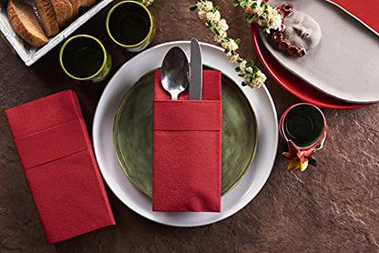 Moyes Home Red Disposable Dinner Napkins with Pocket - Linen-Feel Pre-Folded Cloth-Like Paper Napkins for Silverware, Weddings, Dinner Parties, 16x16 in, Pack of 50 - color: Red