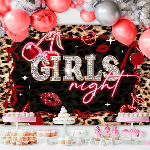 Leopard Print Backdrop 5Wx3H Feet Fabric Polyester for Girls Women Girls Night Cute Red Cherry Bow Lovely Birthday Cheetah Fashion Glitter Photography Background Banner Photo Shoot Decor Prop - color: A-01leopard cherry red, size: 5Wx3H