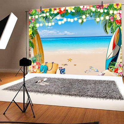 6 x 4 ft Summer Party Backdrop Hawaii Ocean Beach Tropical Leaves Flower Background Aloha Decorations Photo Booth Props Seaside Luau Happy Birthday Party Banner - size: 6*4 ft