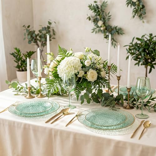I00000 150Pcs Clear Green Plastic Plates with Gold Rim,Green Disposable Plates,Clear hammer patterned plates Set include 30 Dinner Plate,30 Dessert Plate,90 plastic Silverware Set for Party - color: Clear Green