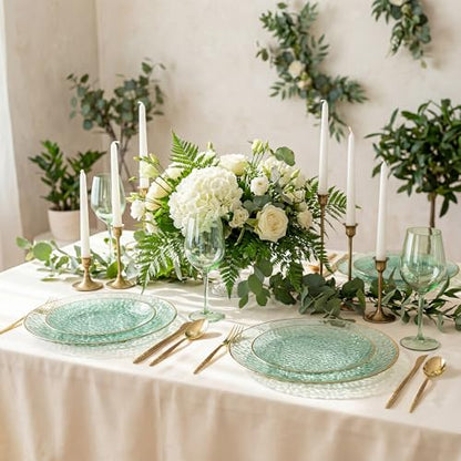 I00000 150Pcs Clear Green Plastic Plates with Gold Rim,Green Disposable Plates,Clear hammer patterned plates Set include 30 Dinner Plate,30 Dessert Plate,90 plastic Silverware Set for Party - color: Clear Green