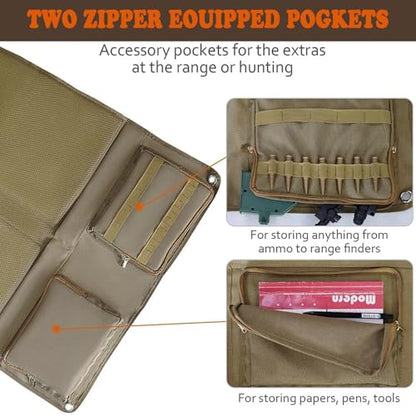 Extra Large Shooting Mat, Thickened Cotton Roll Up Padding with 2 Zipper Pockets & Molle Webbings & Bipod Holder, Non-Slip Waterproof Foldable Pad Blanket for Long Range Shooting Hunting