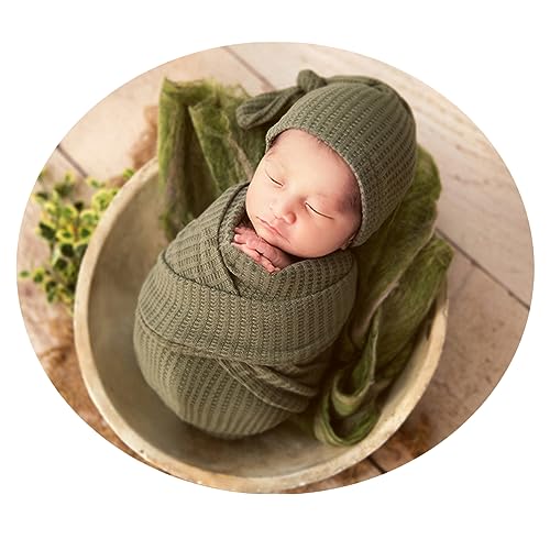 Newborn Baby Photography Wrap with Long Tail Hat Boy Girl Photo Crochet Outfits Picture Blanket Props (green)