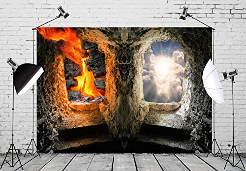 BELECO 10x6.5ft Fabric Stairs to Heaven and Hell Photography Backdrop Angels and Devils Vintage Stone Cave Gate Background Jesus Christ Religious Church Event Halloween Party Decor Photo Prop - size: 10x6.5FT