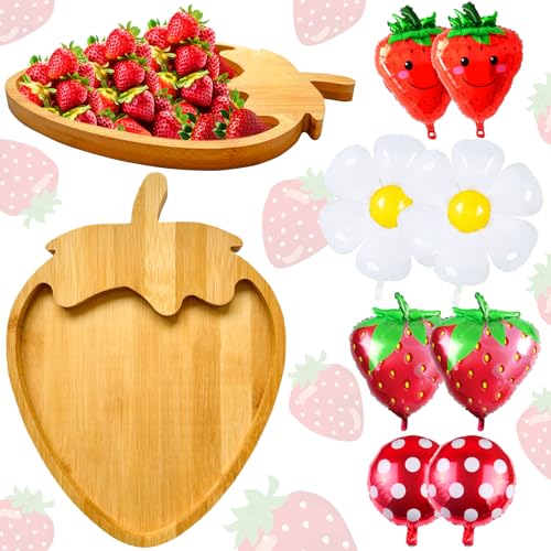 Wooden Strawberry Charcuterie Board with 6 Pack Giant Daisy Strawberry Balloons for Berry First Birthday Party Decor, Fillable Fruits Serving Trays for Baby Shower Supplies - color: Wooden Strawberry With Strawberry Balloons