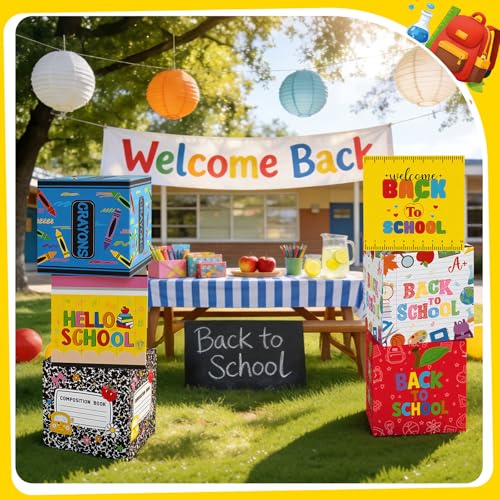 Tenceur 6 Pcs Back to School Decorations Box First Day of School Party Decor 11.8'' Crayon Composition Notebook Paper Boxes for Teacher Classroom Preschool Kindergarten Photo Booth Prop Party Supplies - style: Back to School