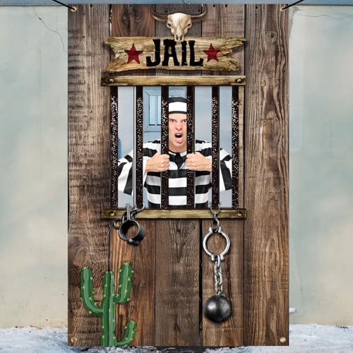 Lunmon Wood Jail Backdrop for Photography 6 x 4 ft Prison Cell Photo Prop with Head Cutout Western Prison Backdrop Jail Photo Background for Murder Mystery Crime Scene Party Halloween Jail Prison - color: Wood Jail Prison
