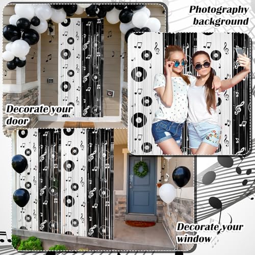 Gilprop 2 Pcs Music Party Decoration Backdrop Curtains Graduation Foil Fringe Musical Background Vinyl Record and Musical Note Curtain for Grad Music Birthday Party Decorations, 3.28 x 6.56ft