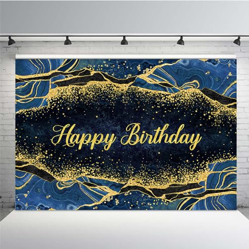MEHOFOND 7x5ft Happy Birthday Backdrop Navy Blue Birthday Party Decorations with Marble Gold Gliter Photography Background 40th 50th 60th Party Banner Decorations Photo Studio Props - color: Blue