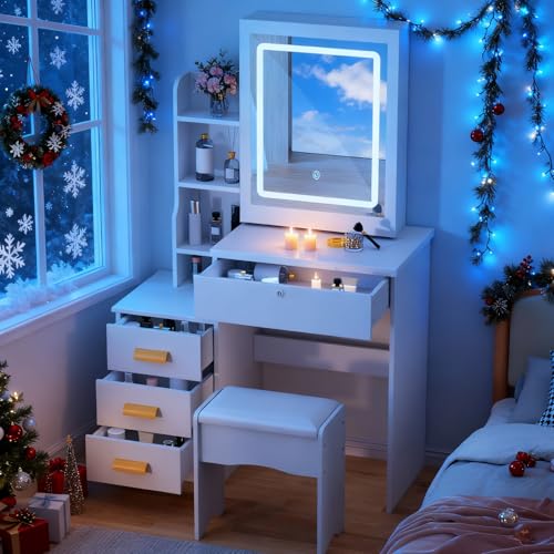 Vanity Desk with Mirror and Lights,Makeup Vanity with Extra Hidden Stroage,Makeup Desk with 4 Drawers 7 Open Shelves,Dressing Table for Bedroom,3 Color Light Modes,Small Vanity Desk（US Fast Arrival）