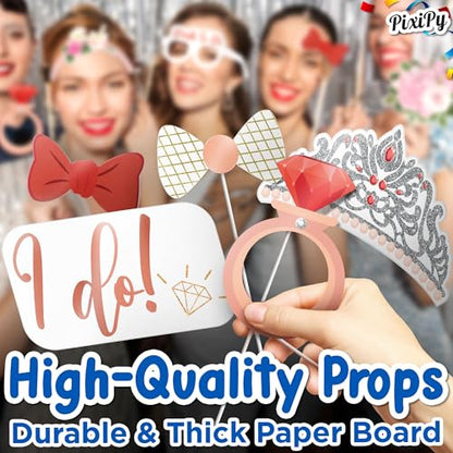 Photo Booth Props - 23 Pink Fizz Pieces - Fun Photobooth Selfie Accessories - Bridal Shower, Bachelorette, Engagement, or Wedding Party - Photoshoot Supplies - by PixiPy - color: Pink Fizz