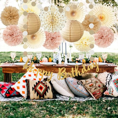 Champagne Gold Beige Birthday Decorations for Women Girls, Dusty Pink Party Decorations Cream Tissue Pom Poms Fans, Paper Lanterns, Anniversary Baby Shower Fall Boho Birthday Party Decoration