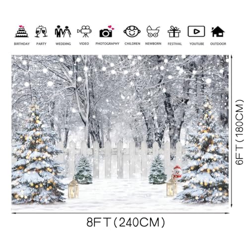 8x10ft Christmas Backdrop Winter Snow Forest White Fence Background Christmas Trees String Lights Lantern Snowman Photography Backdrop Holiday Party Banner Home Decor 115 - size: 10 x 8ft