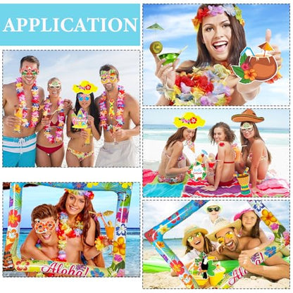 Hawaiian Party Photo Booth Props Kit, 30 PCS Luau Photo Booth Props with Large Inflatable Selfie Picture Frame for Hawaiian Tropical Tiki Summer Pool Party Supplies - size: Hawaiian Inflatable Frame 2
