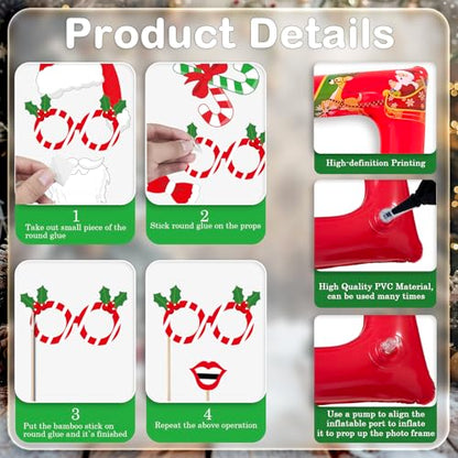 Christmas Photo Booth Props Inflatable Frame, 32Pcs Christmas Party Photo Booth Props with Inflatable Picture Frame Large for Xmas Holiday Party Selfie Supplies - color: Christmas
